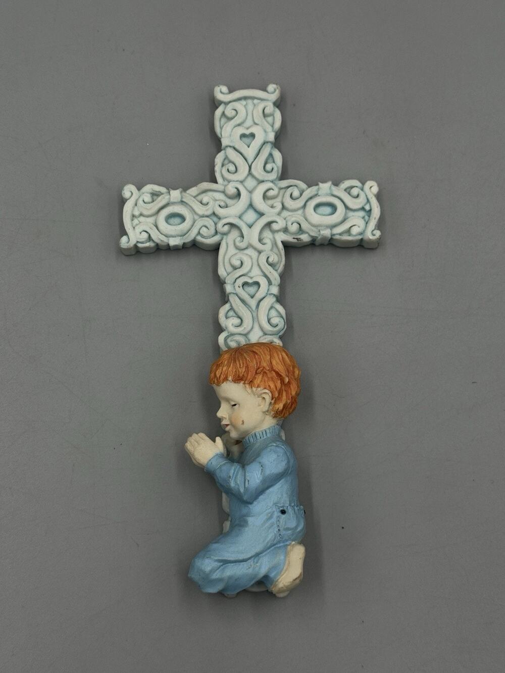 Cross With Boy Kneeling And Praying Figurine Statue Decor 6.25”